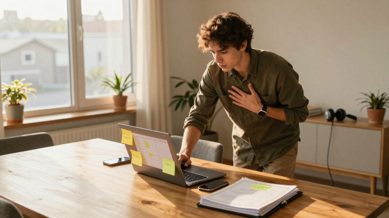 Jovem com dores no peito em pé junto a mesa de madeira com computador portátil e documentos.