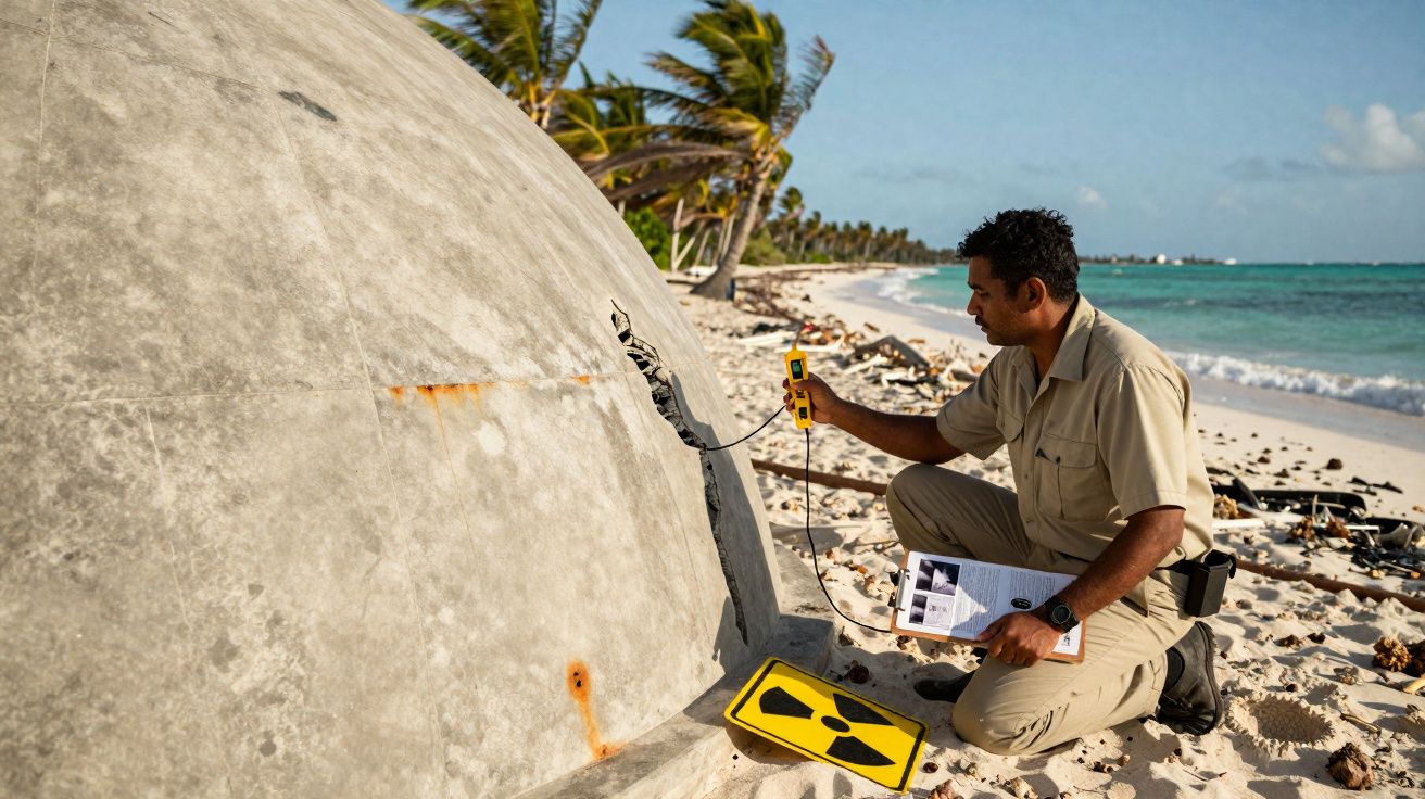 Homem em roupa cáqui mede radiação junto a edifício danificado numa praia com palmeiras ao fundo.