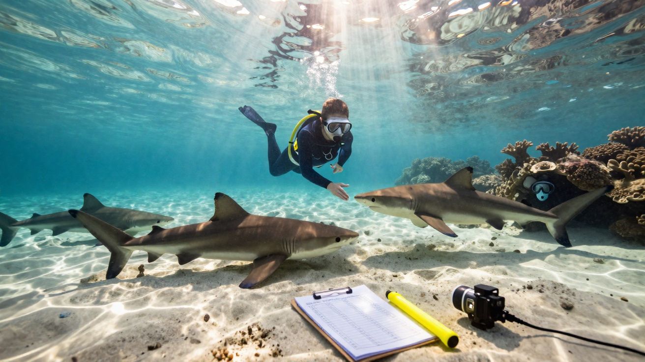 Mergulhadores observam tubarões nadando perto de corais e equipamentos de pesquisa subaquática.