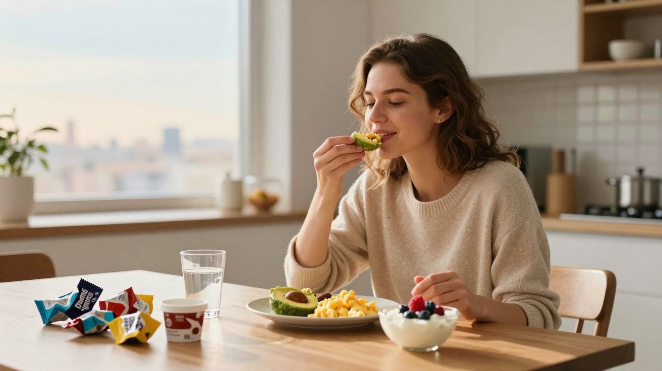 Mulher sentada a comer abacate com ovos mexidos e iogurte com frutos vermelhos numa cozinha iluminada.