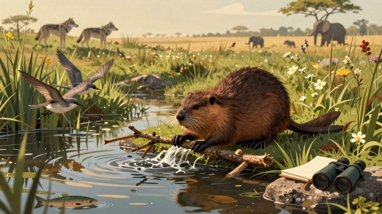 Castor junto a um riacho, com pássaros a voar, elefantes e lobos ao longe numa paisagem natural.