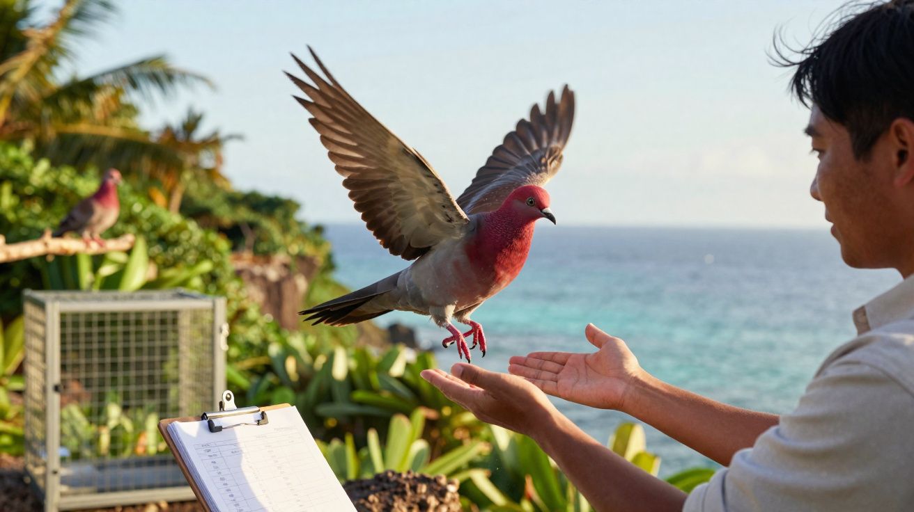 Homem treina pombo de peito vermelho a voar junto ao mar num ambiente natural com plantas verdes.