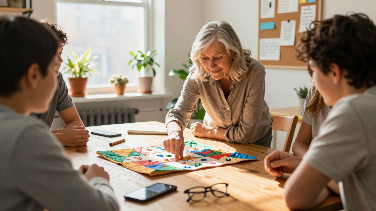 Mulher sénior a jogar um jogo de tabuleiro com quatro jovens num ambiente luminoso e descontraído.