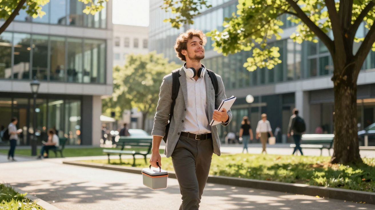 Homem jovem a caminhar num parque urbano com mochila, auscultadores e caixa de almoço na mão.
