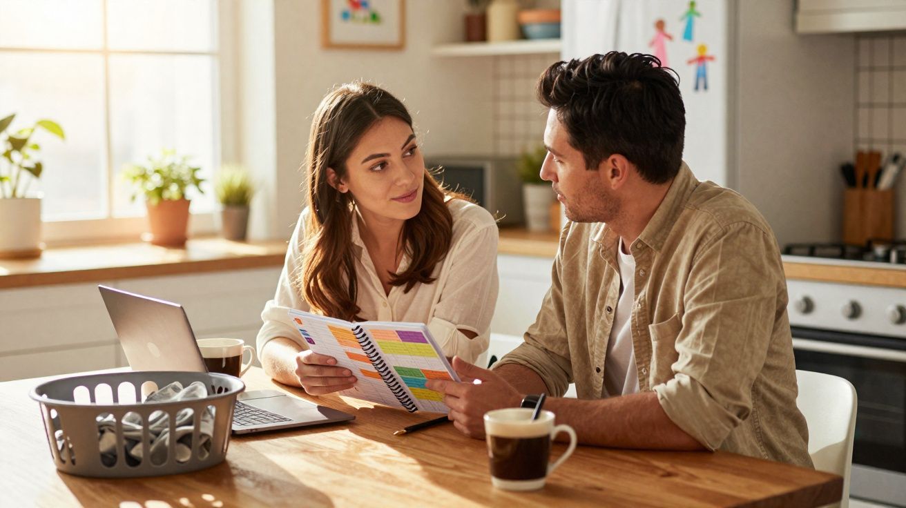 Casal sentado à mesa da cozinha a discutir notas coloridas num caderno, com portátil e café à frente.
