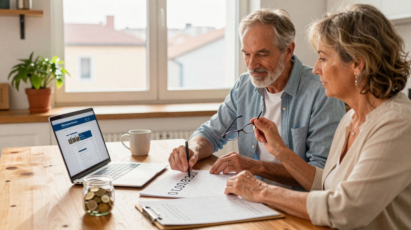 Casal sénior planeando finanças em casa com calendário, computador portátil e frasco de moedas na mesa de madeira.