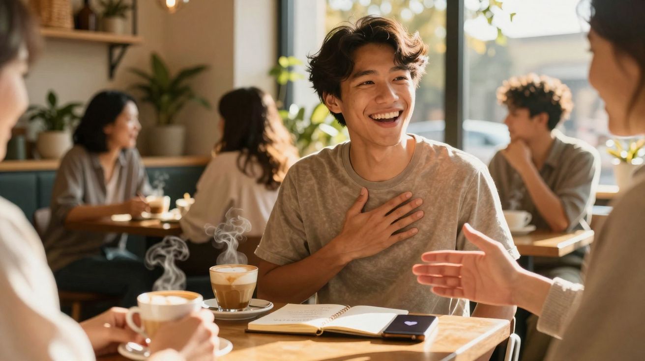 Jovem sorridente sentado num café a conversar com amigos, com cadernos e café na mesa.