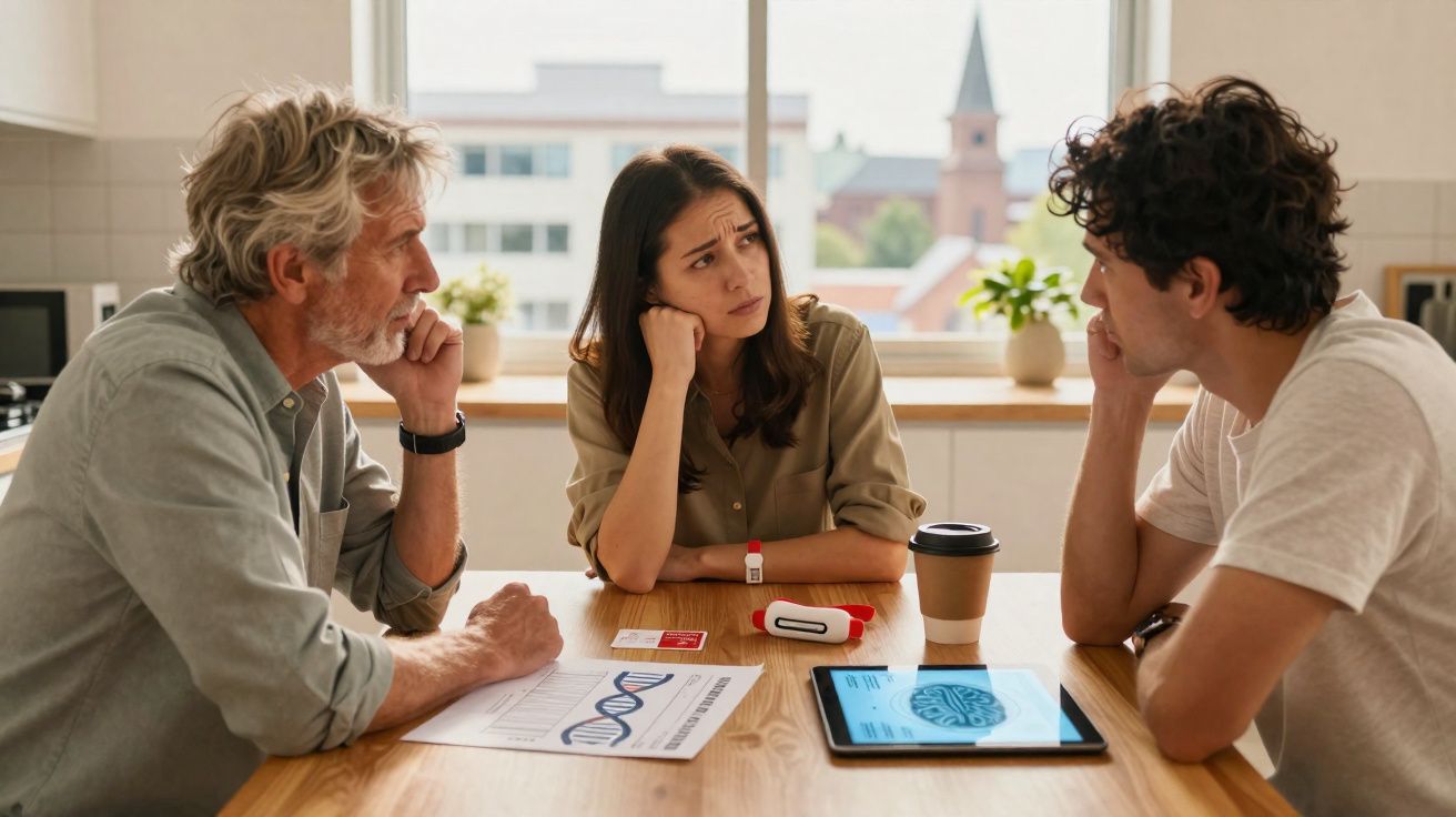 Três pessoas sentadas à mesa a discutir, com gráficos de ADN e tecnologia médica à sua frente.