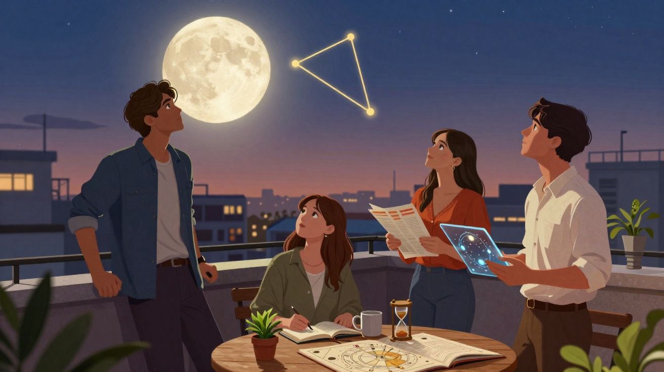Quatro jovens observam a lua cheia e constelações no terraço ao anoitecer com mapas e tablet de astronomia.