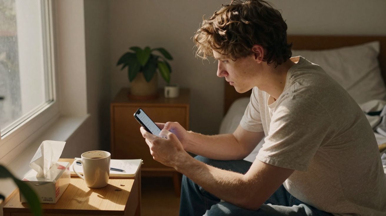 Jovem sentado na cama a usar telemóvel, com luz natural a entrar pela janela e mesa com chá e lenços.
