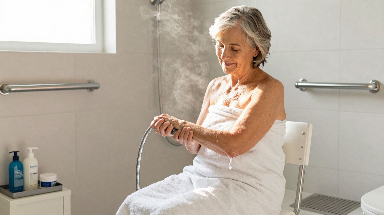 Senhora idosa sentada na casa de banho enrolada em toalha, usando chuveiro de mão para se lavar.