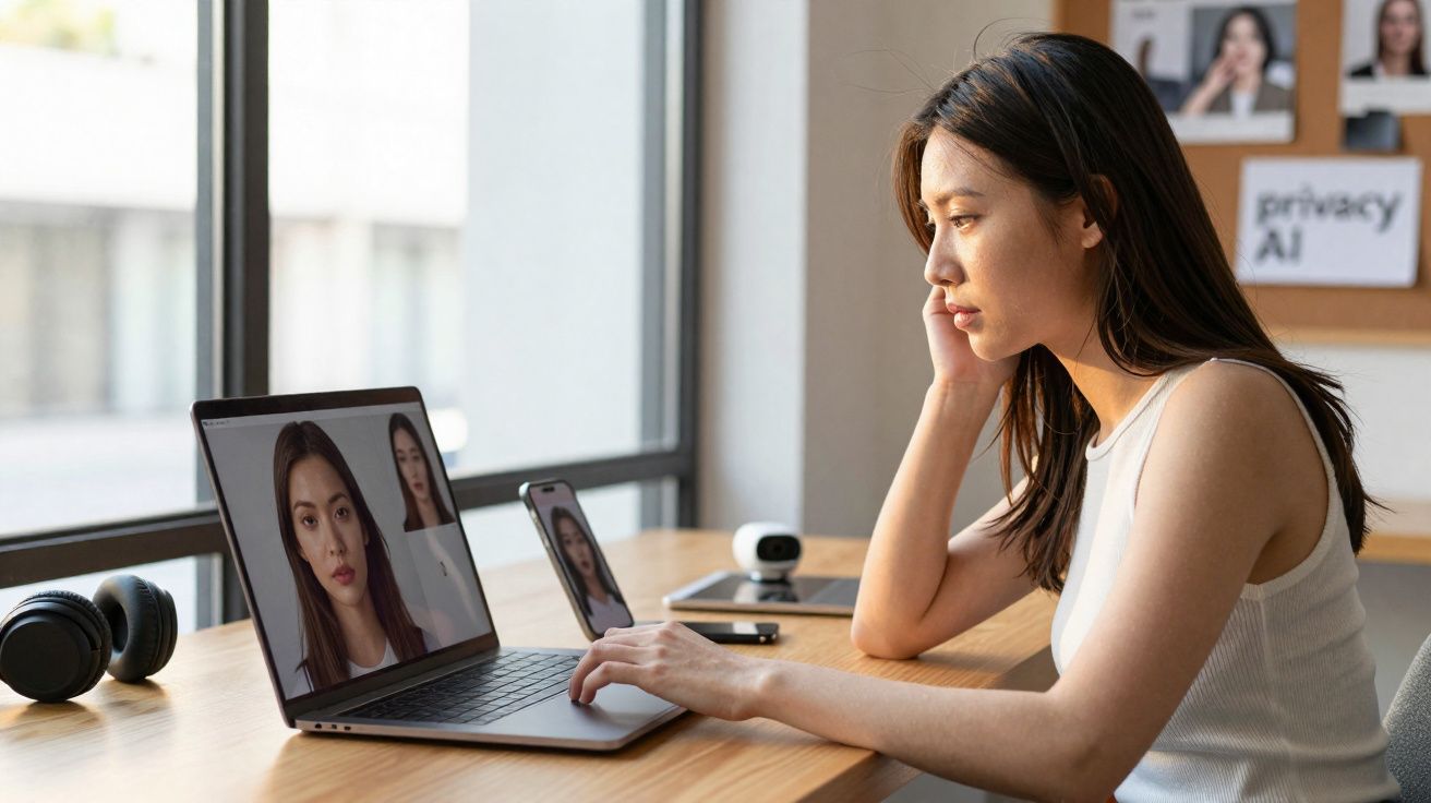 Mulher asiática a participar numa videochamada num laptop junto a uma janela, com smartphone e auriculares na mesa.