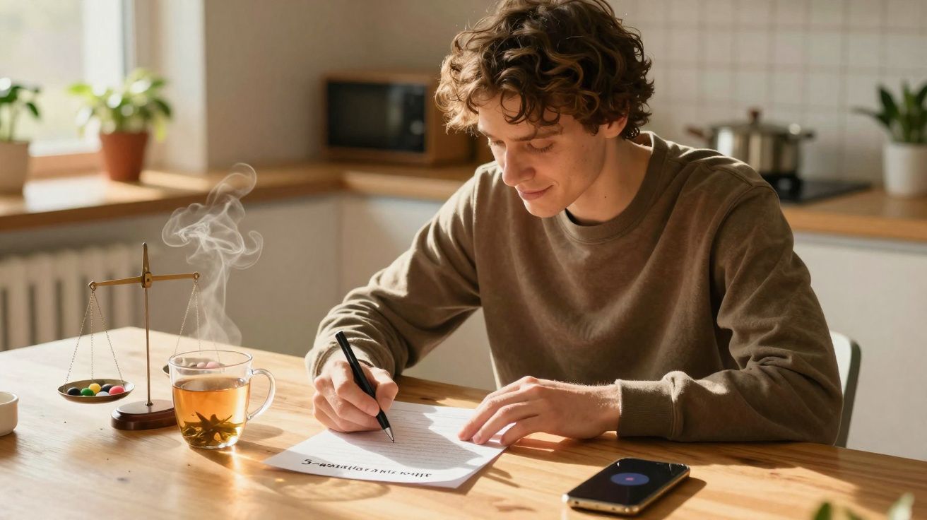 Jovem sentado na mesa a escrever num papel com chá quente e telemóvel ao lado numa cozinha luminosa.