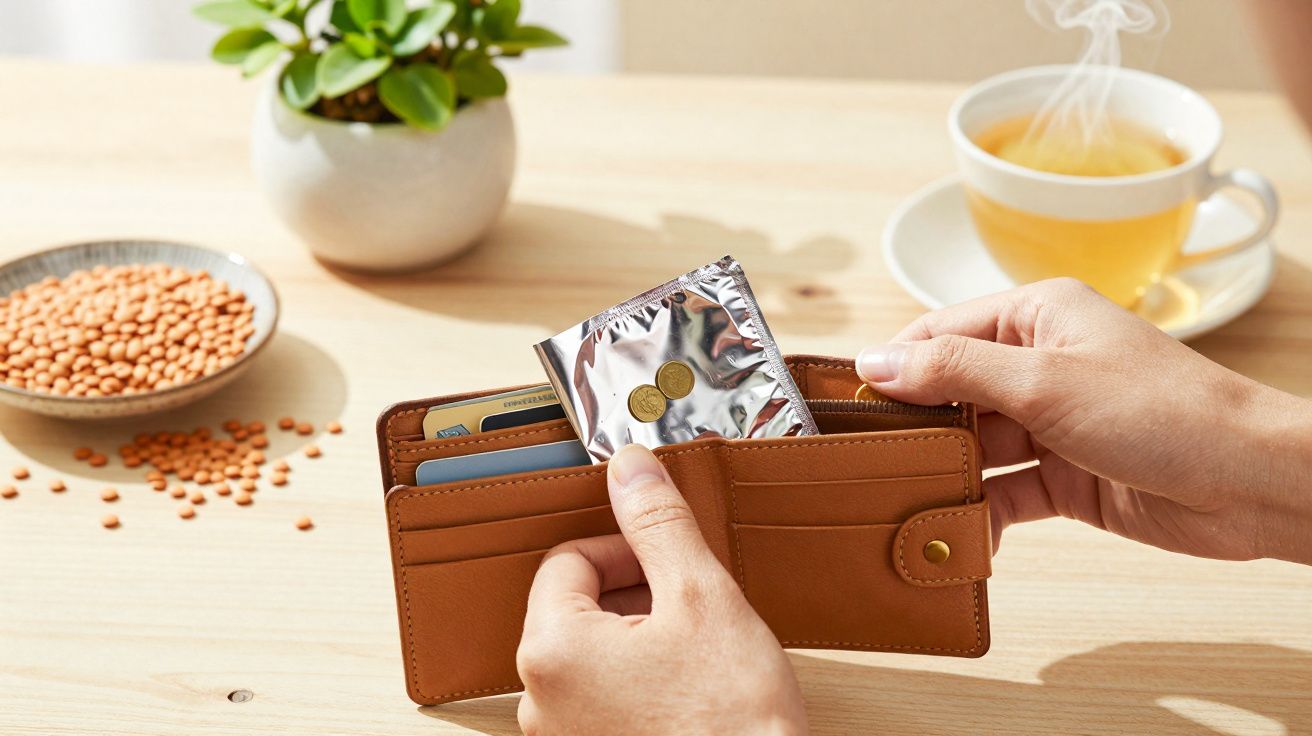 Pessoa a colocar moedas dentro de carteira castanha numa mesa com chá, planta e lentilhas.