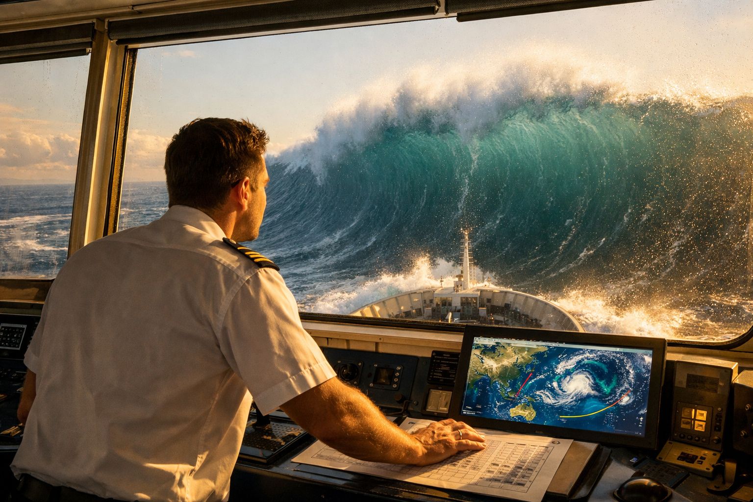 Capitão no comando de um navio observa uma enorme onda a formar-se no mar à frente.