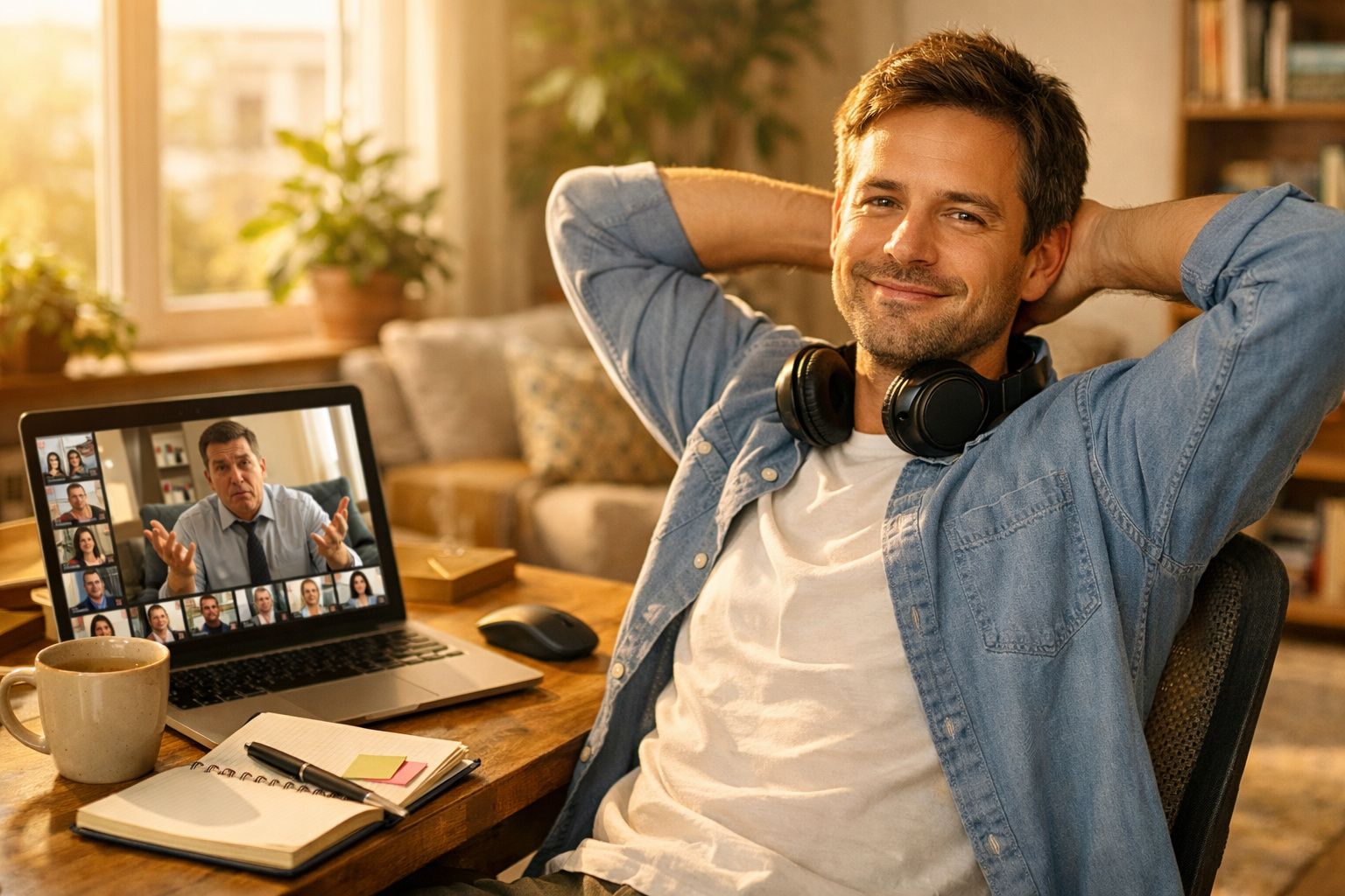 Homem descontraído com headphones ao redor do pescoço, em videoconferência num laptop à sua frente.