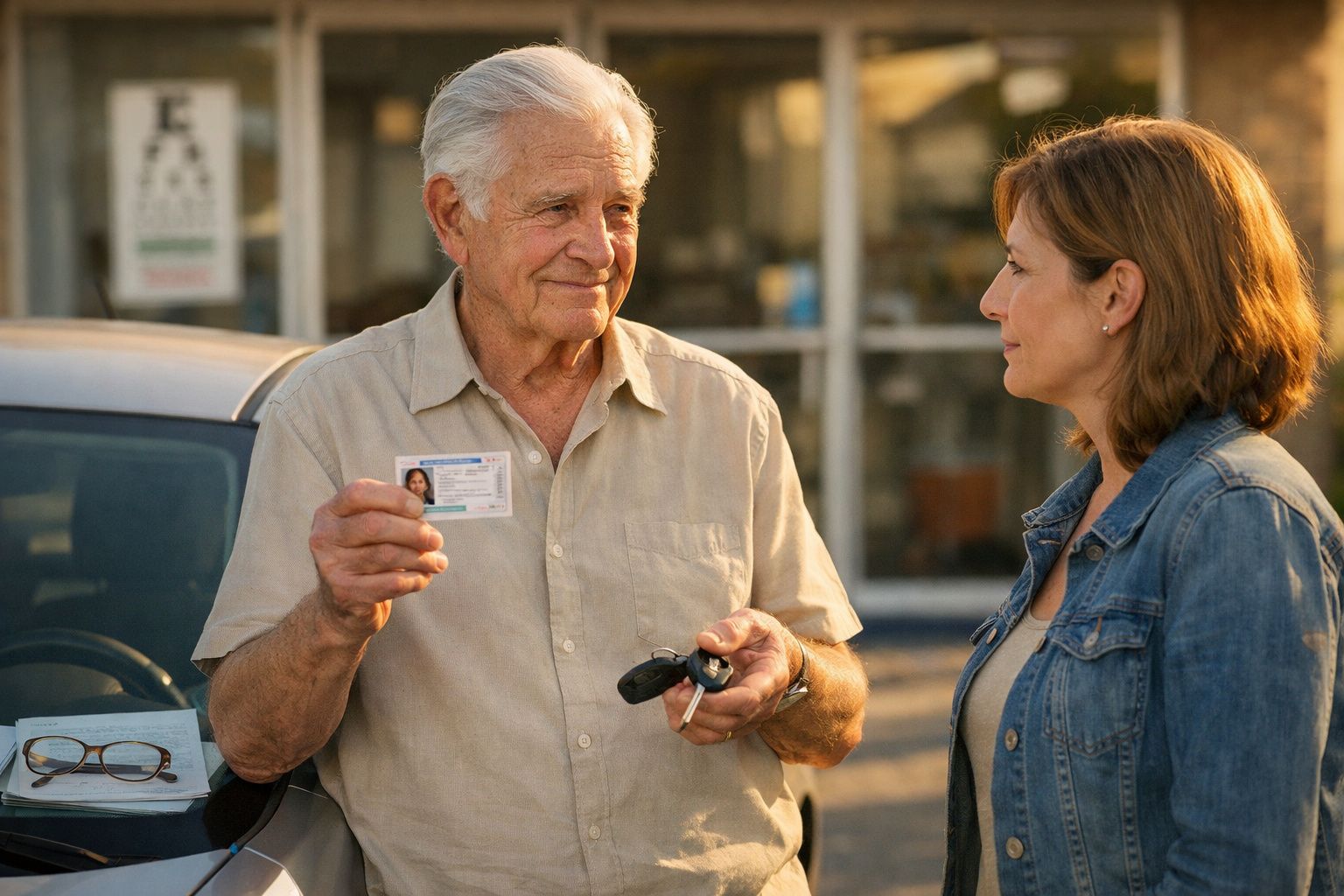 Homem idoso mostra carta de condução e chaves de carro a mulher em ambiente exterior.